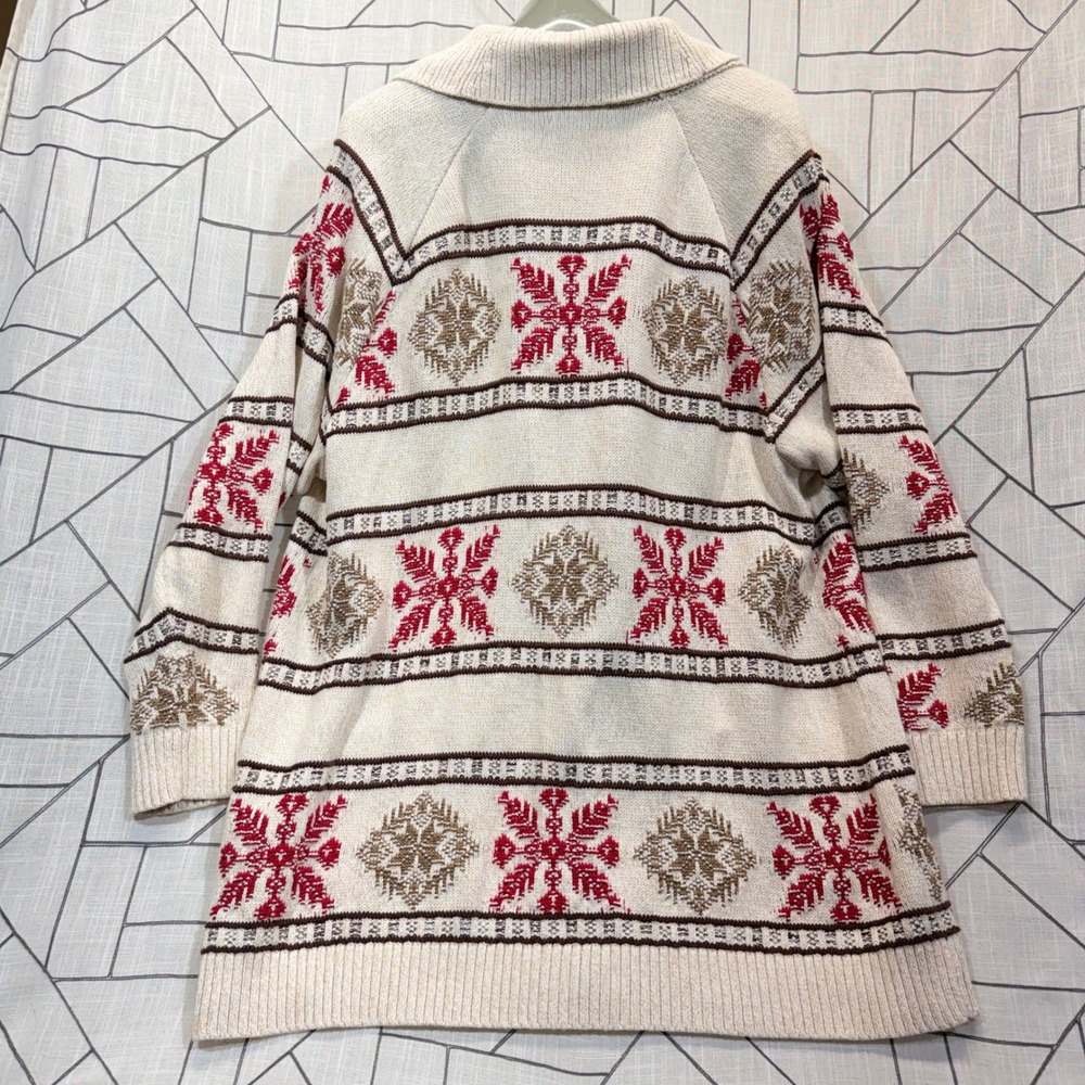 Lands End Cardigan Sweater XL Cream Snowflake Fair Isle Drifter Shawl Collar - Picture 2 of 6